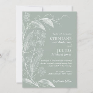 Vintage Botanical Sage Green Wedding Invitation