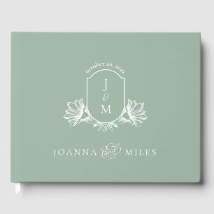 Vintage Botanical Sage Monogram Crest Guest Book