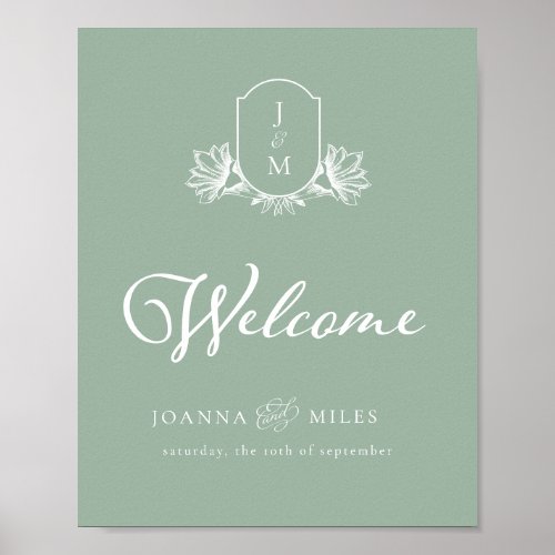 Vintage Botanical Sage Monogram Crest Welcome Sign