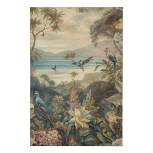 Vintage botanical scene birds flowers in paradise faux canvas print