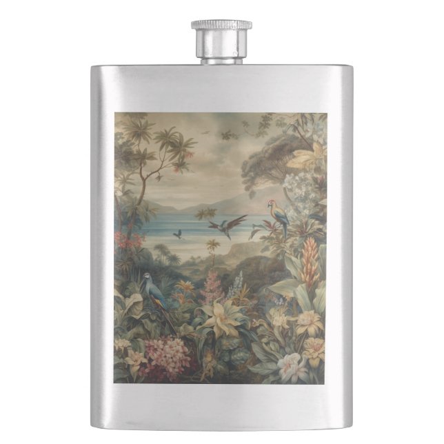 Vintage botanical scene birds flowers in paradise flask (Front)