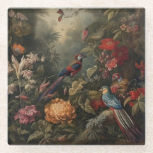 Vintage botanical scene birds flowers in paradise