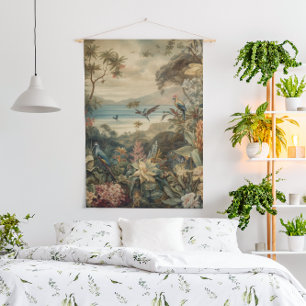 Vintage botanical scene birds flowers in paradise hanging tapestry