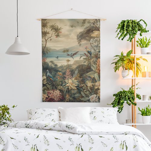 Vintage botanical scene birds flowers in paradise hanging tapestry