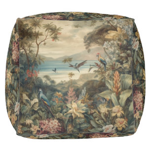 Vintage botanical scene birds flowers in paradise pouf