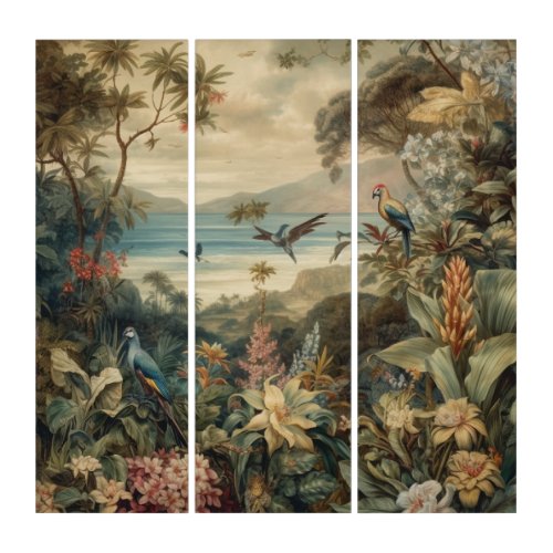 Vintage botanical scene birds flowers in paradise triptych