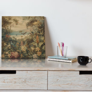 Vintage botanical scene birds flowers in paradise wood wall art