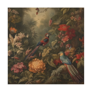 Vintage botanical scene birds flowers in paradise wood wall art