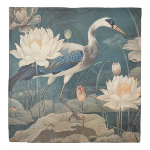 Vintage botanical scene blue crane and lotus duvet cover
