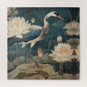 Vintage botanical scene blue crane and lotus jigsaw puzzle
