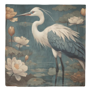 Vintage botanical scene blue crane and lotus too duvet cover