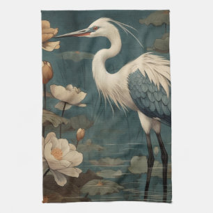 Vintage botanical scene blue crane and lotus too kitchen towel