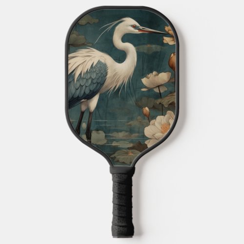 Vintage botanical scene blue crane and lotus too pickleball paddle