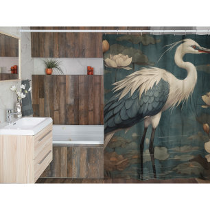 Vintage botanical scene blue crane and lotus too shower curtain