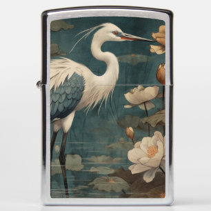 Vintage botanical scene blue crane and lotus too zippo lighter