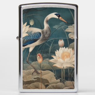 Vintage botanical scene blue crane and lotus zippo lighter