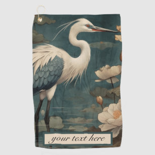 Vintage botanical scene blue crane customizable golf towel