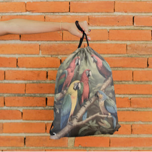 Vintage botanical scene colorful parrots in a tree drawstring bag