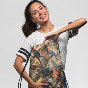 Vintage botanical scene colorful parrots in a tree drawstring bag