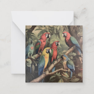 Vintage botanical scene colorful parrots in a tree note card