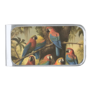 Vintage botanical scene colorful parrots in a tree silver finish money clip