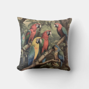 Vintage botanical scene colorful parrots in a tree throw pillow