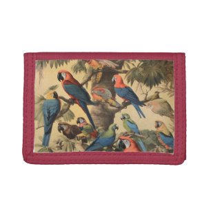 Vintage botanical scene colorful parrots in a tree trifold wallet
