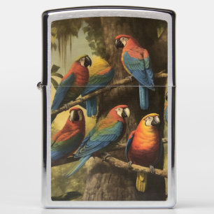 Vintage botanical scene colorful parrots in a tree zippo lighter