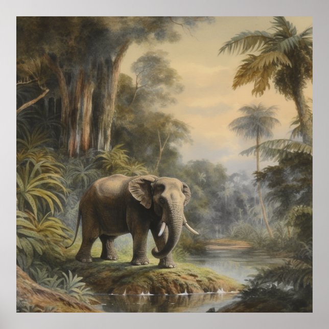 Vintage botanical scene elephant by jungle river poster (Front)