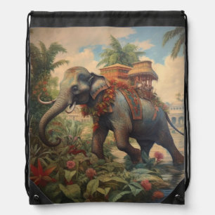 Vintage botanical scene elephant with howdah   drawstring bag