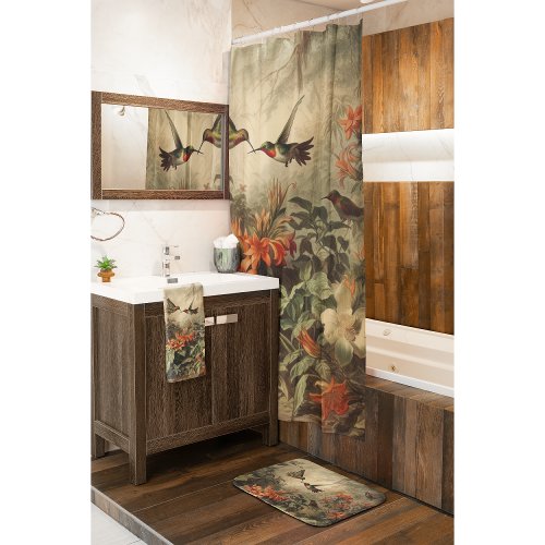 Vintage botanical scene hummingbirds and flowers bath mat