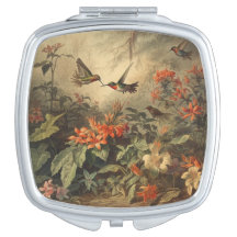Vintage botanical scene: hummingbirds and flowers