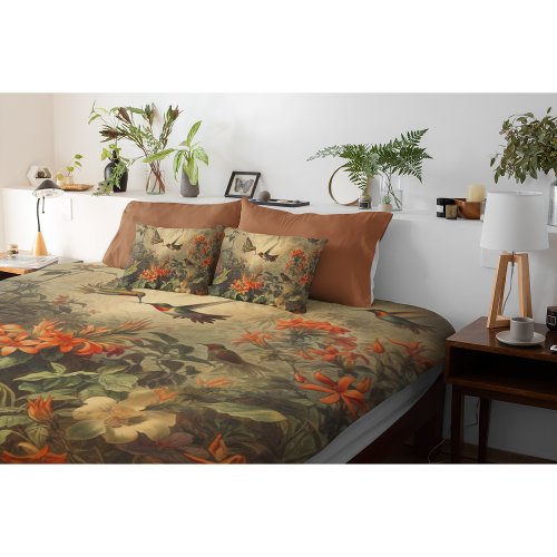 Vintage botanical scene hummingbirds and flowers duvet cover