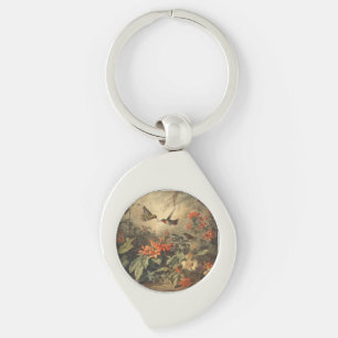 Vintage botanical scene: hummingbirds and flowers keychain