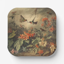 Vintage botanical scene: hummingbirds and flowers