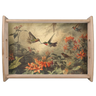 Vintage botanical scene hummingbirds and flowers serving tray