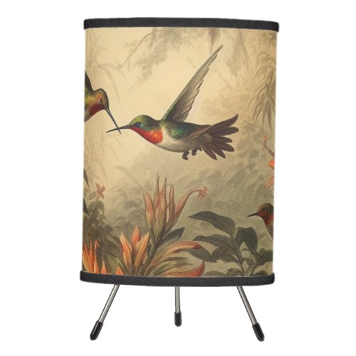 Vintage botanical scene hummingbirds and flowers tripod lamp