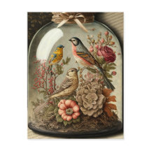 Vintage Botanical Scene in Glass Jar with Birds
