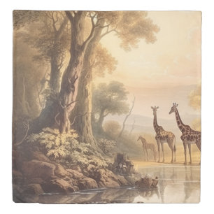 Vintage botanical scene of giraffes by the river duvet cover