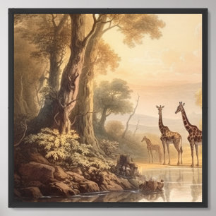 Vintage botanical scene of giraffes by the river framed art