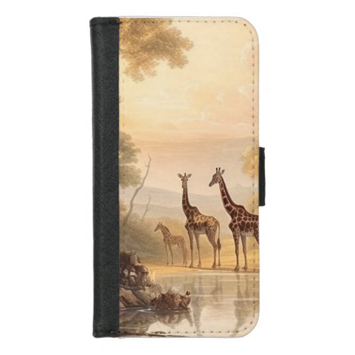 Vintage botanical scene of giraffes by the river iPhone 87 wallet case