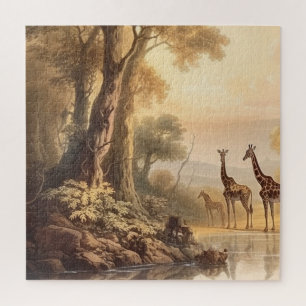 Vintage botanical scene of giraffes by the river jigsaw puzzle
