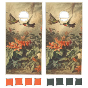 Vintage botanical scene of hummingbirdsand flowers cornhole set