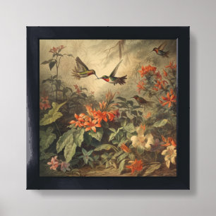 Vintage botanical scene of hummingbirdsand flowers framed art