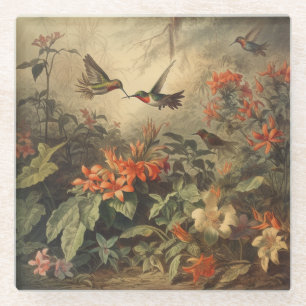 Vintage botanical scene of hummingbirdsand flowers glass coaster