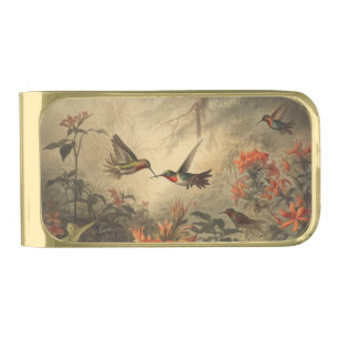 Vintage botanical scene of hummingbirdsand flowers gold finish money clip