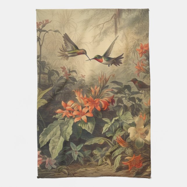 Vintage botanical scene of hummingbirdsand flowers kitchen towel (Vertical)