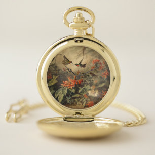 Vintage botanical scene of hummingbirdsand flowers pocket watch