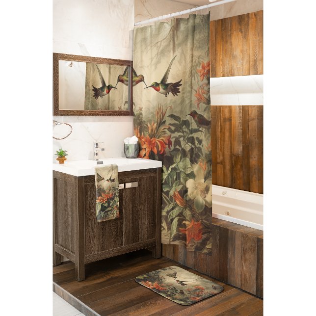Vintage botanical scene of hummingbirdsand flowers shower curtain (Creator Uploaded)