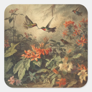 Vintage botanical scene of hummingbirdsand flowers square sticker